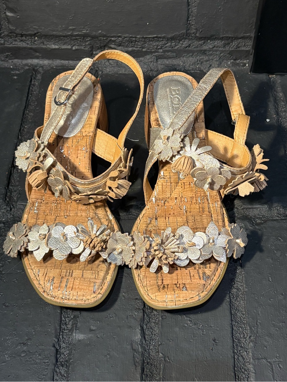 Born Metallic Gold Floral Cork Wedge Sandals